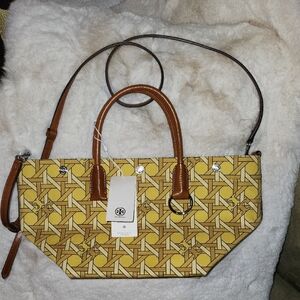 NWT Tory Burch Stylish Canvas Yellow and Brown Small Tote Crossbody